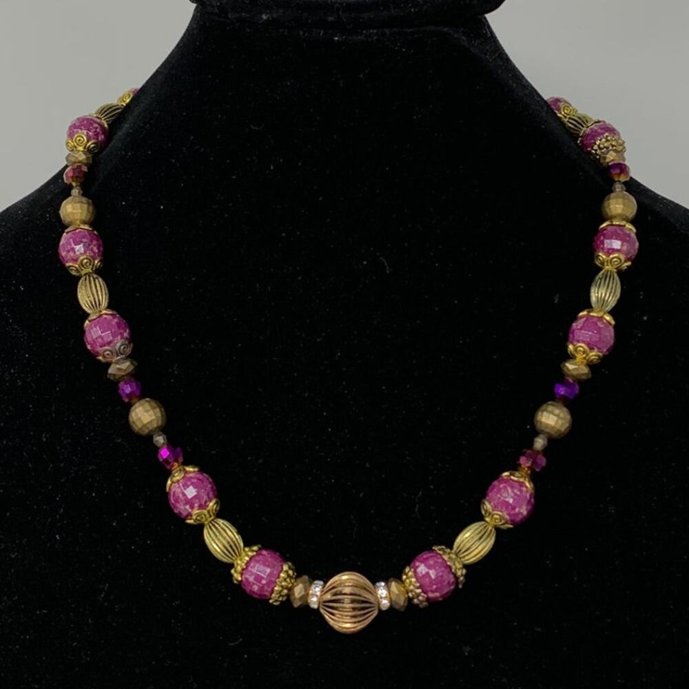 Handmade Artisan Beaded Necklace Purple Pink Gold Tone Beads Toggle Clasp